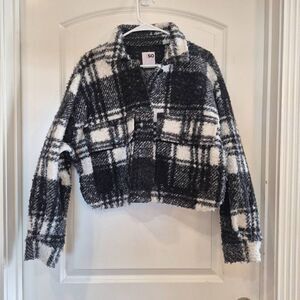 SO Women's Black & White Poly Fleece Plaid Cropped Jacket